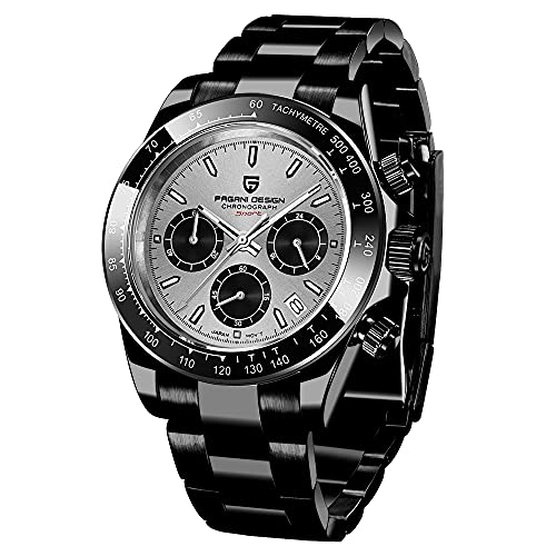 Pagani Design Klassische Quarzuhr für Herren, Japanisches Uhrwerk VK63, Keramik-Lünette, Edelstahl, wasserdicht, Business Sport, Chronograph Datum, Schwarz-Silber-PD1644, Armband von TYBERLEY