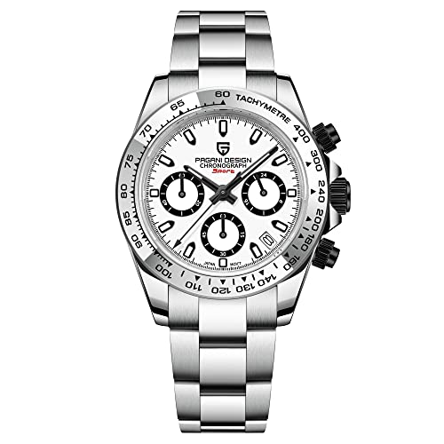 Pagani Design Luxus Herren Quarz Multifunktionsuhr Japan VK63 Uhrwerk Voller Edelstahl 100M Wasserdicht Sport Chronograph Uhren Datum, Weiß-Schwarze Krone, Klassisch von TYBERLEY
