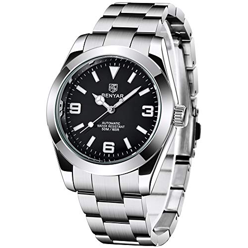 BENYAR Herren Elegante 41MM automatische mechanische Uhr wasserdicht Edelstahlband Leuchtend lässig Business Analog Armbanduhr, Schwarz-5177 von TYBERLEY