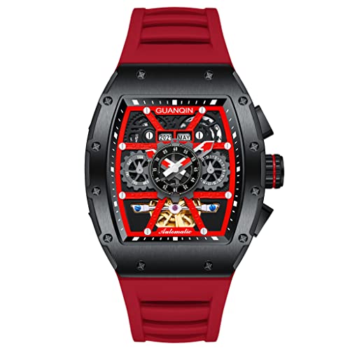 TYBERLEY GUANQIN 16197 Herren Automatik Mechanische Uhr Tonneau Edelstahlgehäuse Synthetischer Saphir Gummi Srap Wasserdicht Multifunktionale Sportuhren, rot von TYBERLEY