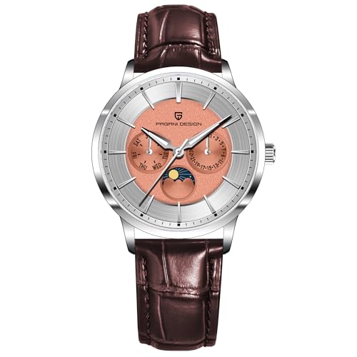 Pagani Design PD1795 Herren Einfache Quarzuhr VX3H Bewegung Multifunktions Edelstahl Saphirspiegel 100M Wasserdicht Business Mondphase Uhr, Orange-Leder von TYBERLEY