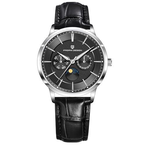 Pagani Design PD1795 Herren Einfache Quarzuhr VX3H Bewegung Multifunktions Edelstahl Saphirspiegel 100M Wasserdicht Business Mondphase Uhr, Schwarz-Leder von TYBERLEY