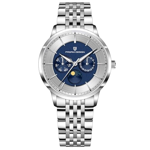 Pagani Design PD1795 Herren Einfache Quarzuhr VX3H Bewegung Multifunktions Edelstahl Saphirspiegel 100M Wasserdicht Business Mondphase Uhr, Stahlblau von TYBERLEY