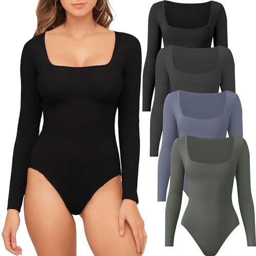 TYCTOS 4/5er-Pack Langarm-Body mit quadratischem Ausschnitt, dehnbare Bodys für Frauen, Alltag, Freizeit, Damen-Langarm-Body-Tops, 4er-Pack: Dunkelgrau, Schwarz, Dunkelblau, Olivgrün, XL von TYCTOS