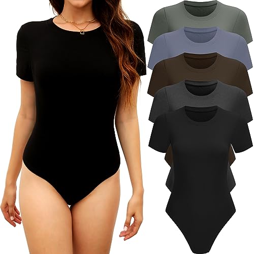 TYCTOS 5 Pack Kurzarm Body Suits Frauen Rundhals Bodysuit Shirts für Frauen Täglich Casual T Shirt Bodysuit Frauen, 5er-Pack: Schwarz & Dunkelgrau & Kaffee & Dunkelblau & Olivgrün, M von TYCTOS