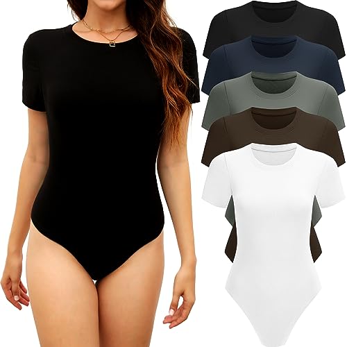 TYCTOS 5 Pack Kurzarm Body Suits Frauen Rundhals Bodysuit Shirts für Frauen Täglich Casual T Shirt Bodysuit Frauen, 5er-Pack: Schwarz & Weiß & Marineblau & Kaffee & Olivgrün, M von TYCTOS