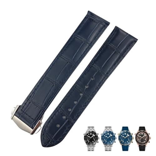 TYEMLM Lederarmband 18mm 19MM 20mm 22mm Passend für Omega Seamaster 300 De Ville AT150 Moonswatch Speedmaster Uhrenarmband(Blue-Pointed buckle,22mm) von TYEMLM
