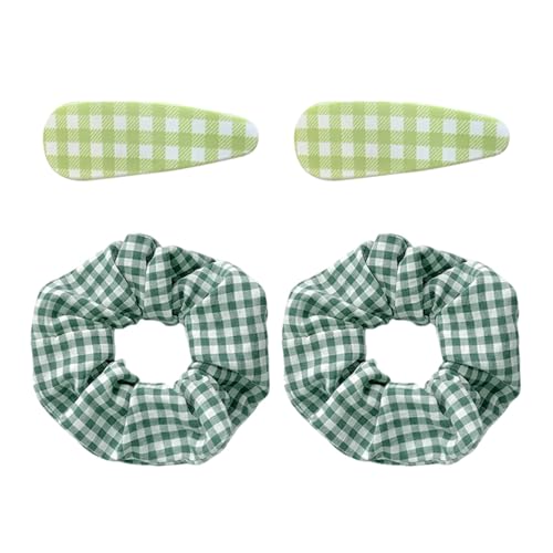 2 Karierte Haargummis, 2 Karierte Haarspangen, Grüne Schul-Haargummis, Pferdeschwanz-Haargummis, Gemütliche Haargummis, Haar-Accessoires Für Mädchen Und Frauen von TYFGRT