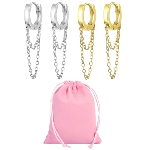TYFGRT 2 Paar Doppelkettenohrringe Und 1 Samtbeutel, Modische Einfache Ohrringe, Kreative Stilohrringe, Anhängerohrringe, Damenohrringe von TYFGRT