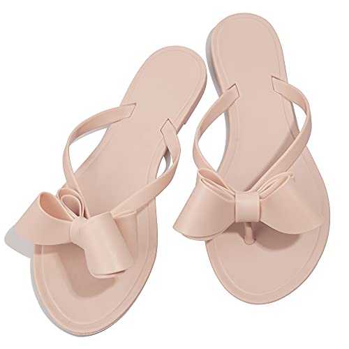 TYFLOVE Frauen Nieten Flip Flops Nieten Jelly Tanga Sandalen mit Schleife Sommer Fliege Flach Strand Regenschuhe, Hautfarbene Schleife, 42 EU von TYFLOVE