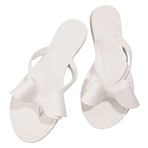 TYFLOVE Frauen Nieten Flip Flops Nieten Jelly Tanga Sandalen mit Schleife Sommer Fliege Flach Strand Regenschuhe, Weißer Bogen, 40.5 EU von TYFLOVE
