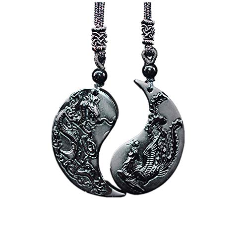 TYGJB 1 Set Obsidian Carving Drachen und Phoenix Halskette Anhänger Yin Yang Anhänger Halskette Obsidian Glück Anhänger von TYGJB