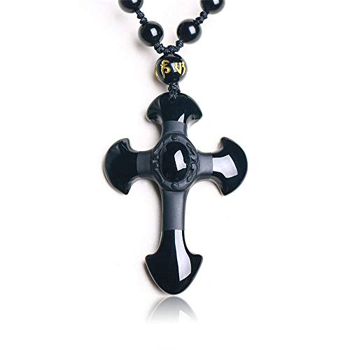 TYGJB Naturstein Obsidian Kreuz Amulett Anhänger Halskette Hand geschnitzt Anhänger mit Lucky Free Perlen Kette für Frauen Männer Schmuck von TYGJB