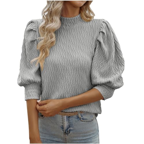 TYHONEYS Damenblusen 3/4 Ärmel Oberteile 2024 Trendiger einfarbiger Jacquard Pullover mit Rundhalsausschnitt elegant lässig Puffärmel Elegante Hemden für Büro Arbeit Pendeln von TYHONEYS