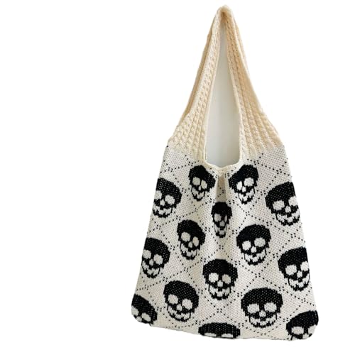 TYHOTULY Damen Goth Totenkopf Muster Stricktasche Neuheit Lustig Y2k Crochet Hobo Schultertasche Handtasche Halloween Gruselzubehör, Beige / Schwarz TYHOTULY Damen Goth Totenkopf Muster Stricktasche Neuheit Lustig Y2k Crochet Hobo Schultertasche Handtasche Halloween Gruselzubehör, Beige / Schwarz von TYHOTULY