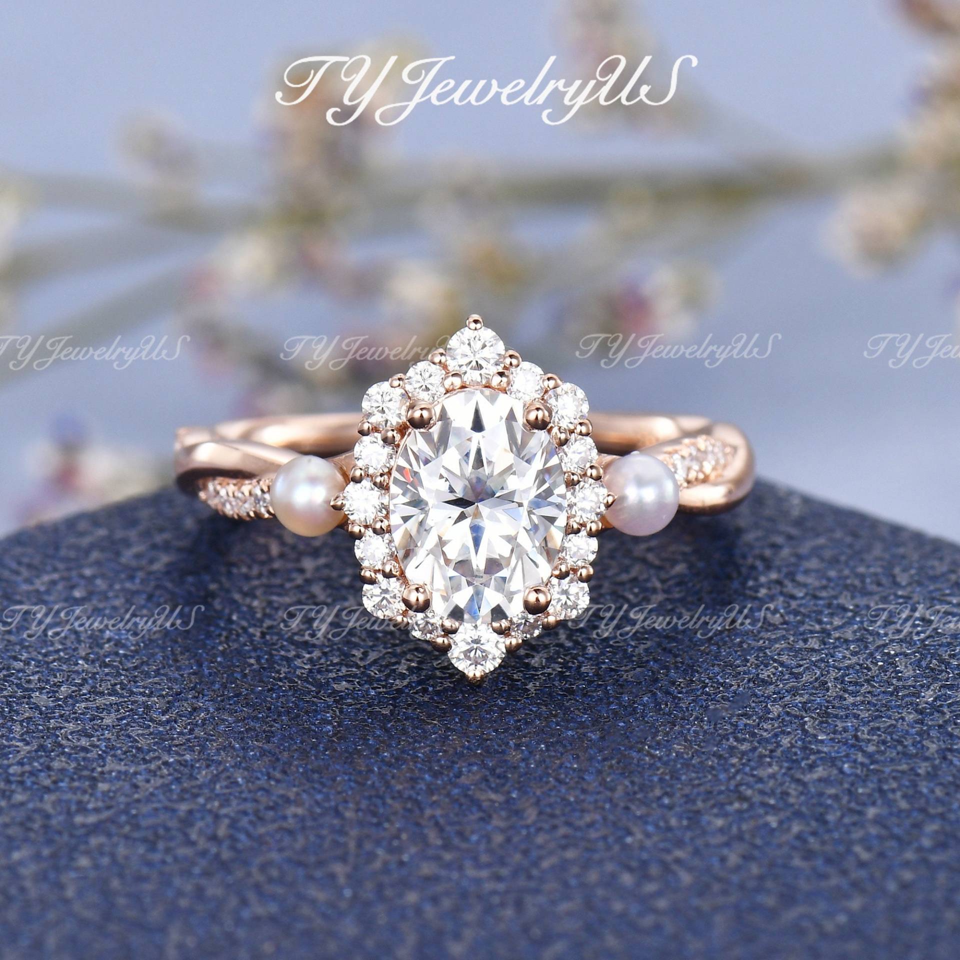 1.5Ct Oval Cut Moissanite Verlobungsring Diamant Halo Cluster Ehering Anitque Unendlichkeit Rose Gold Ring 6x8mm Farbloser von TYJewelryUS