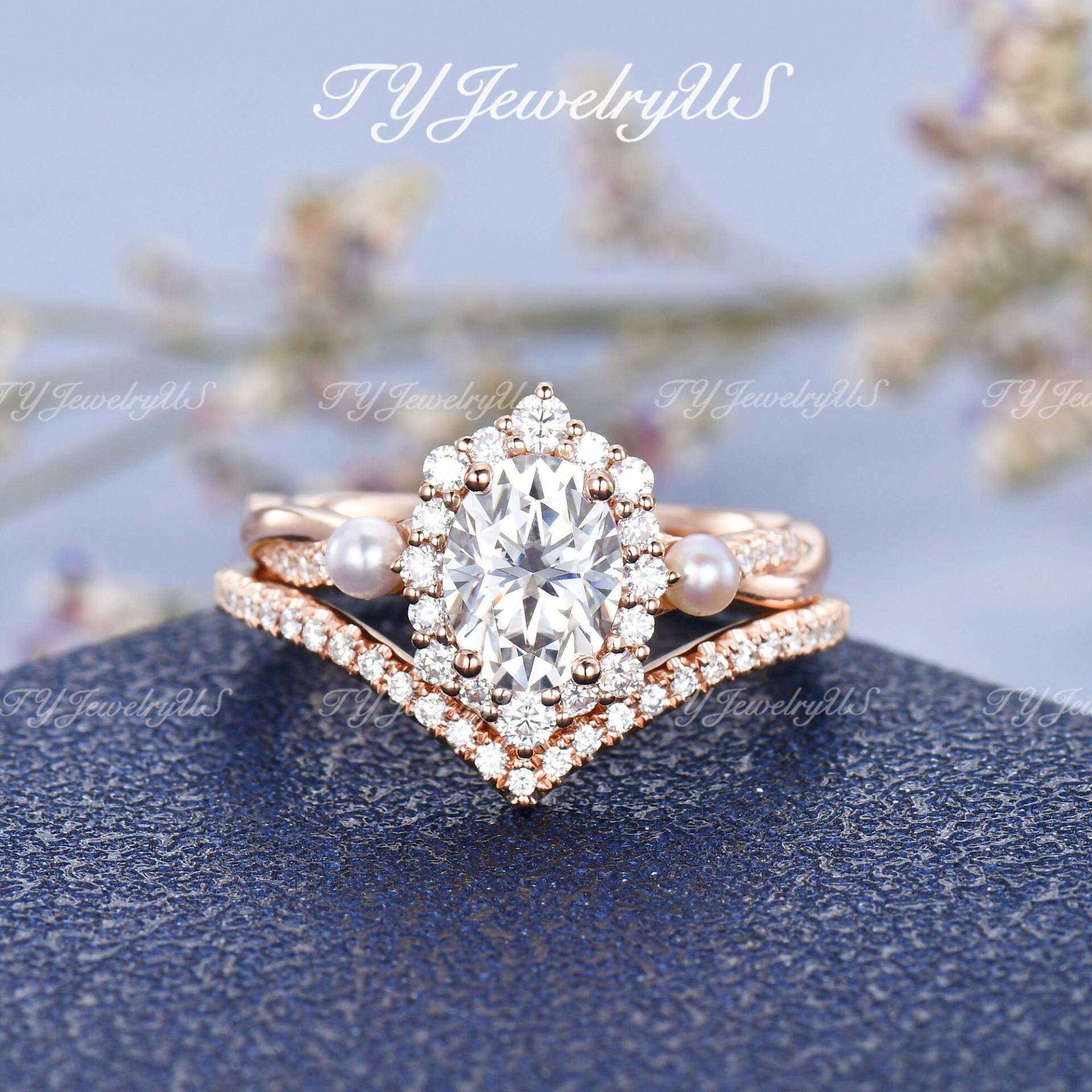 1.5Ct Oval Cut Verlobungsring Set Rose Gold Hal Diamondo Ehering Antike Halbe Eternity Braut Frau Naturperlencluster Schmuck von TYJewelryUS