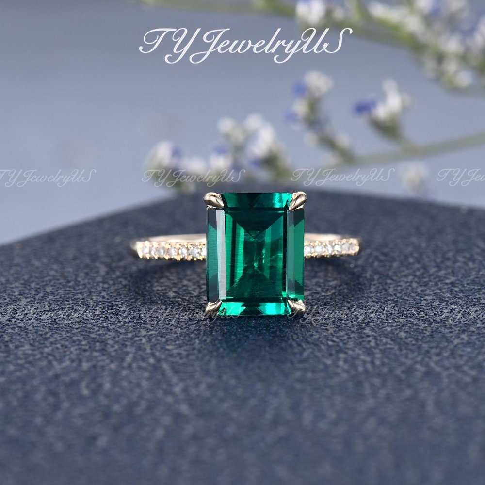 10x8mm Smaragd Verlobungsring Rosegold Solitär Ehering Diamant Halbe Eternity Ring Antik Mai Birthstone Jubiläumsgeschenk von TYJewelryUS