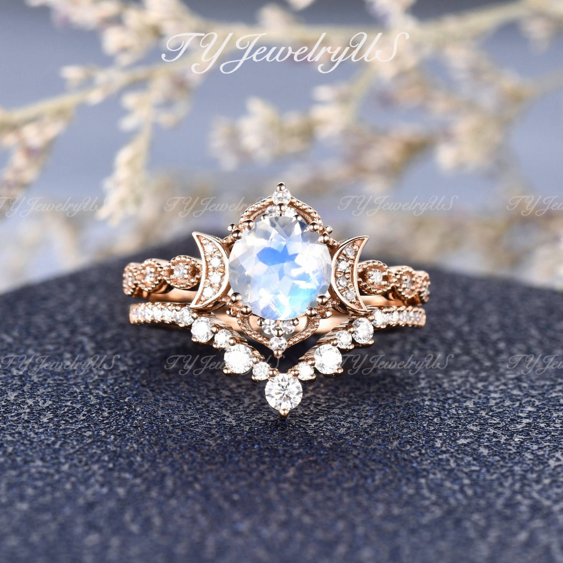 6mm Natürlicher Mondstein Verlobungsring Set Roségold Diamant Brautset Frau Art Deco Milgrain Ring 2stk Versprechensgeschenk Für Sie Farbwechsel von TYJewelryUS