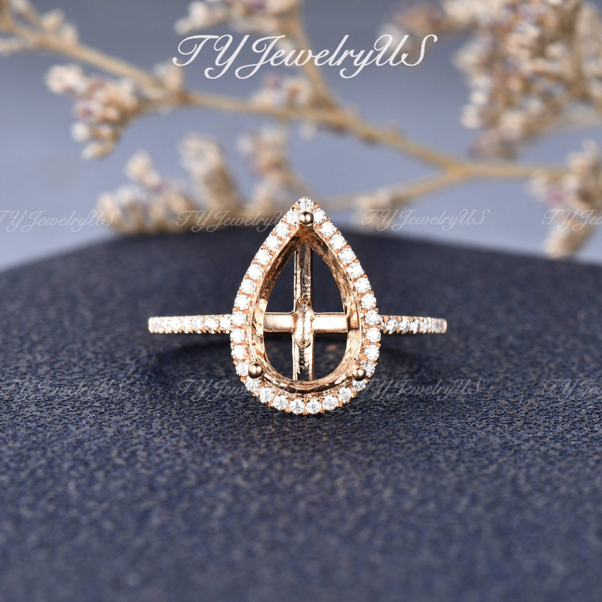 8x12mm Birnenförmige Ringfassung Rose Gold Montierung Semi Ring Einstellung Custom Fit Diamant Halo Zarte Zierliche Halbe Ewigkeit von TYJewelryUS