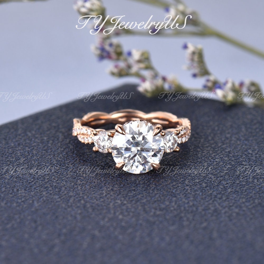 9mm Rundschliff Verlobungsring Rose Gold Eternity Infinity Diamant Ehering Antique Twist Drei Stein Versteckter Heiligenschein Art Deco von TYJewelryUS