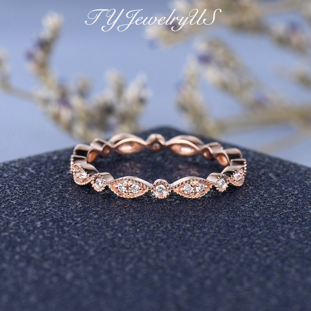 Art Deco Ehering Frauen, Diamant Ehering, Rosegold, Volle Ewigkeit, Moissanite Passend von TYJewelryUS