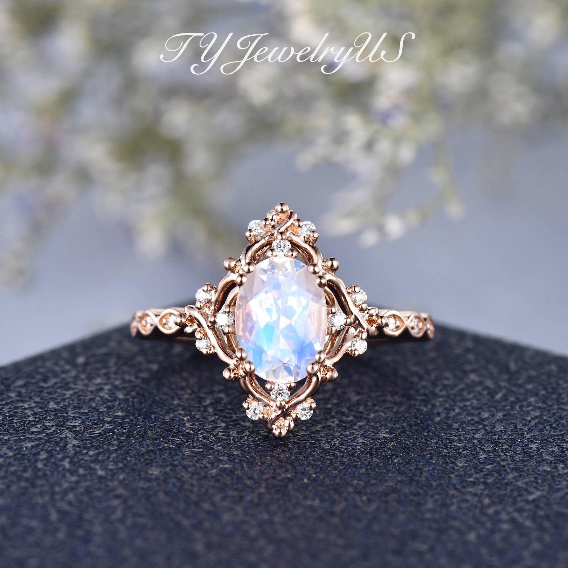 Art Deco Mondstein Verlobungsring Rosegold Vintage Goldring Einzigartige Brautring Frauen Antik Blume Halo Ring Milgrain Rebe von TYJewelryUS