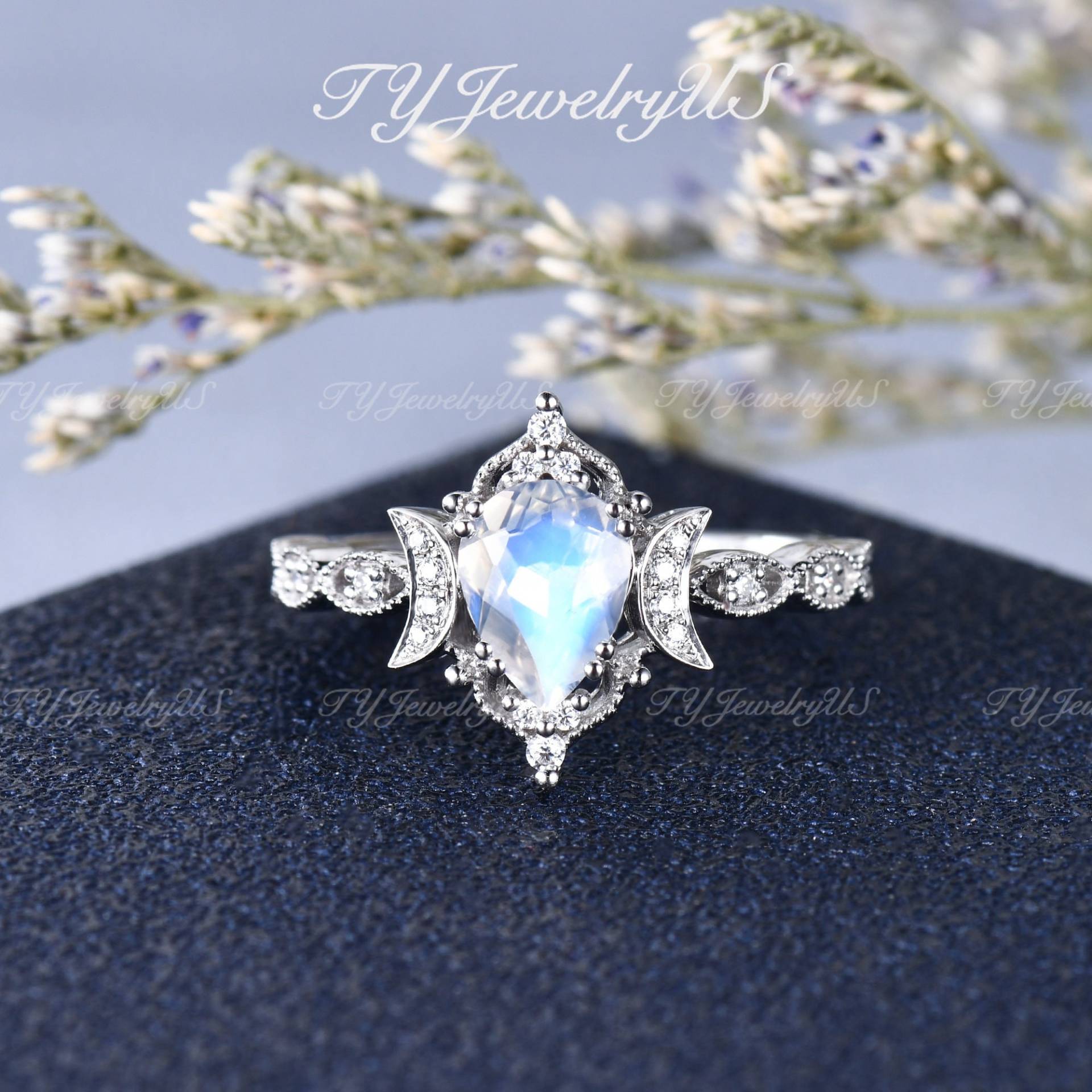 Art-Deco-Verlobungsring Birnenform Mondstein Ring Weißgold Mond Stern Boho Hochzeit Vintage Inspiriert Blume Antik Geschenk Für Sie von TYJewelryUS