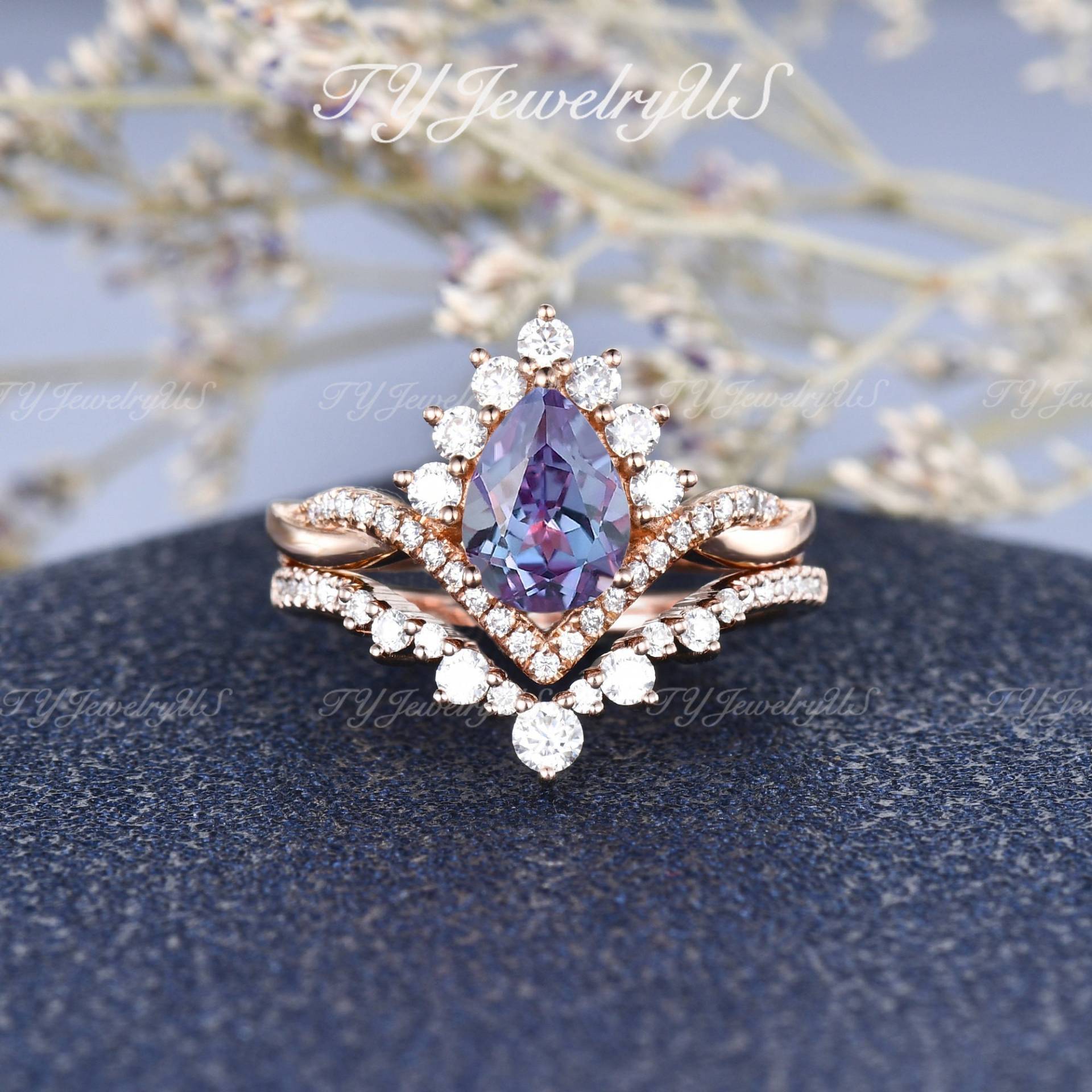 Birnenförmige Labradorit Alexandrit Braut Set Infinity Twist Diamant Verlobungsring 2 Stück Rosegold Halb Halo Cluster Ring Antike Versprechen von TYJewelryUS