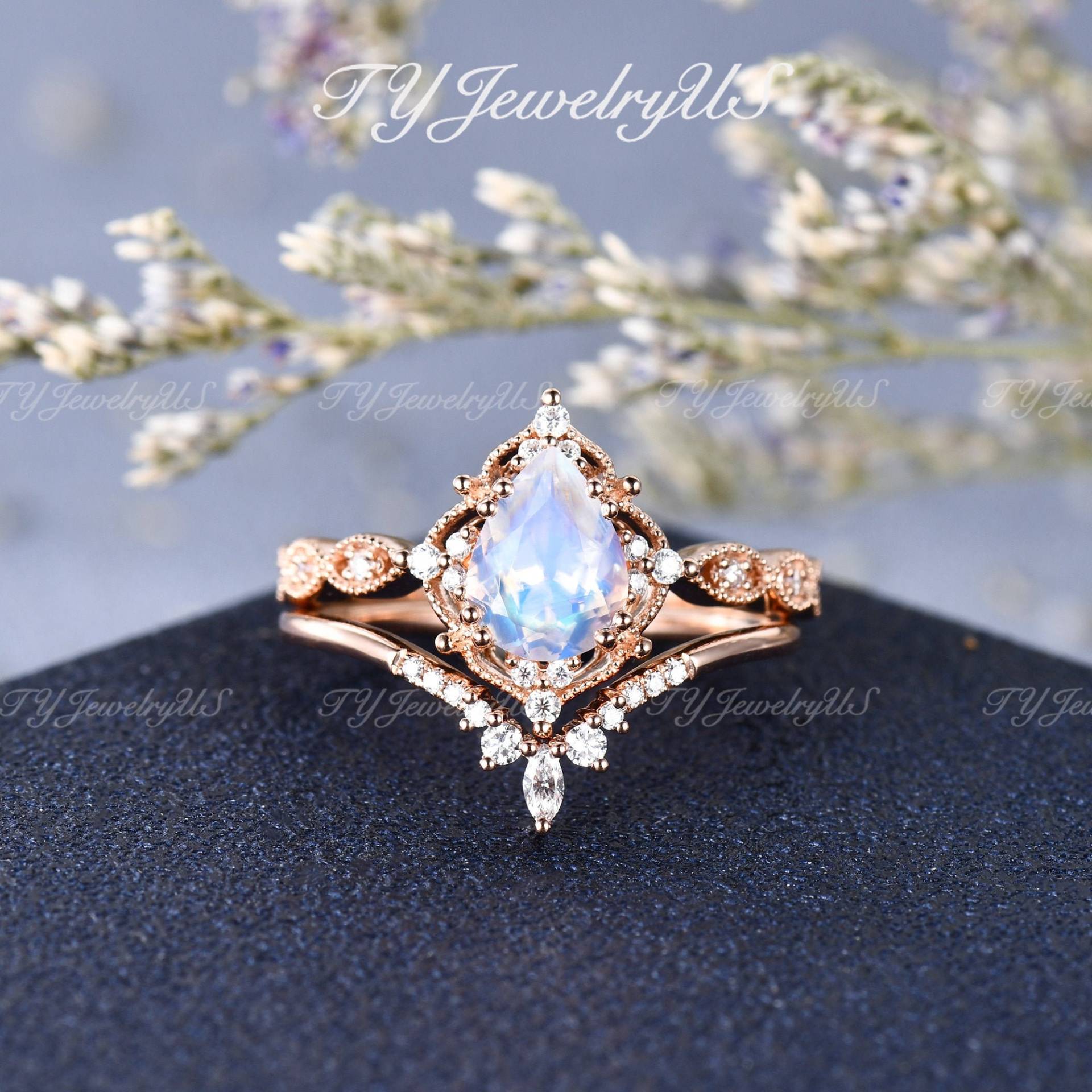 Einzigartige Mondstein Verlobungsring Rose Gold Braut Set Antik Art Deco Tropfen Ring Marquise Band Milgrain Vine Vintage von TYJewelryUS