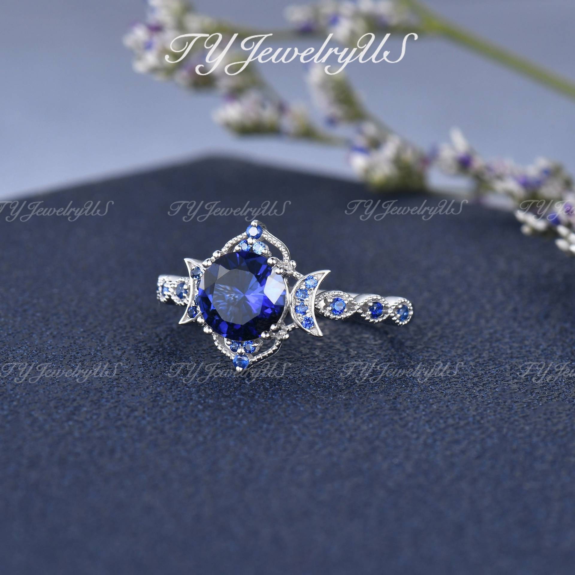 Einzigartige Saphir Verlobungsring Set Weißgold Lab Sapphire Braut Frau Antik Vine Mond Milgrain Hochzeit Ring September Birthstone von TYJewelryUS