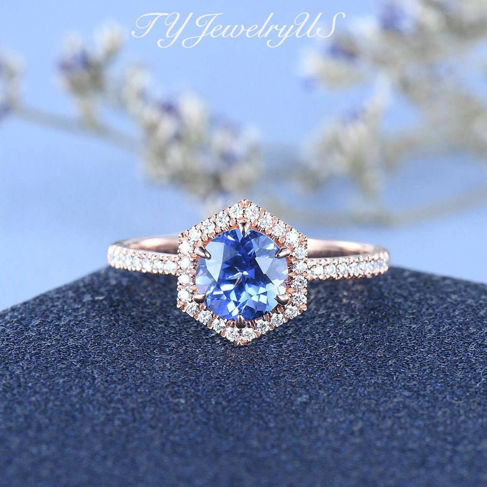 Hexagon Saphir Verlobungsring Lavendel Ring Rose Gold Rundschliff Halo Diamant Braut Hochzeit Birthstone von TYJewelryUS