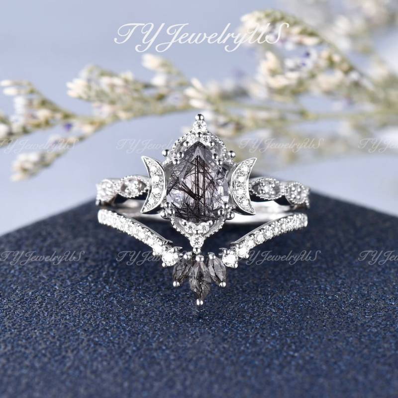 Kristall Verlobungsring Set Weißgold Braut Cluster Quarz Ring Einzigartige Pear Förmigen Schwarz Rutilierte Ehering Antike Marquise von TYJewelryUS
