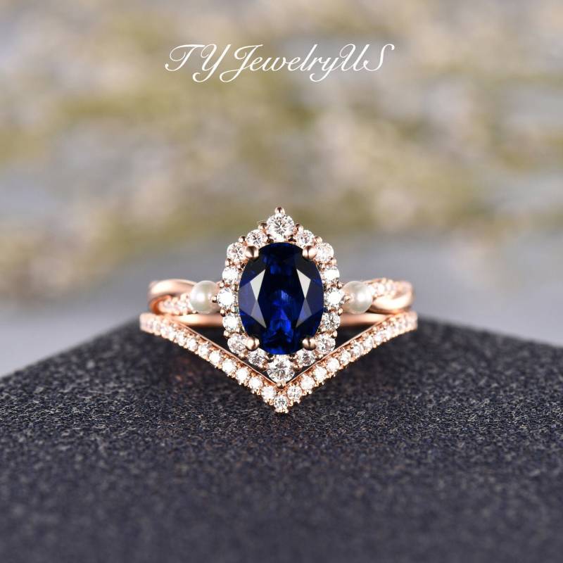Lab Sapphire Verlobungsring Set Cocktail Ring Frauen Cluster Verlobung Braut Rosegold Akoya Perle Infinity Birthstone Halo von TYJewelryUS