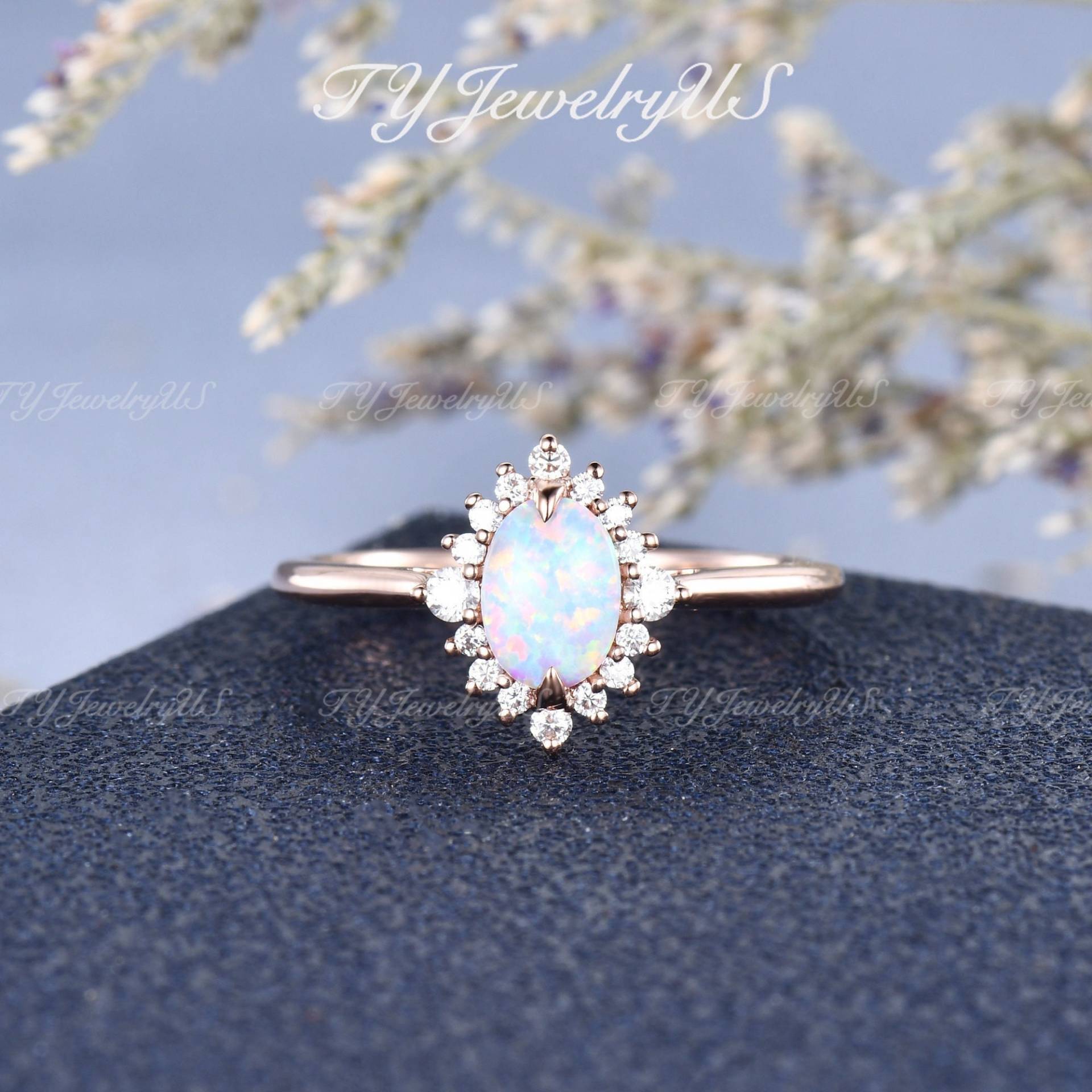 Labrador Opal Verlobungsring Rose Gold Oval Cut Diamant Halo Ring Art Deco Birthstone Brautring Frau Vintage Versprechen Jahrestag Geschenk Für Sie von TYJewelryUS