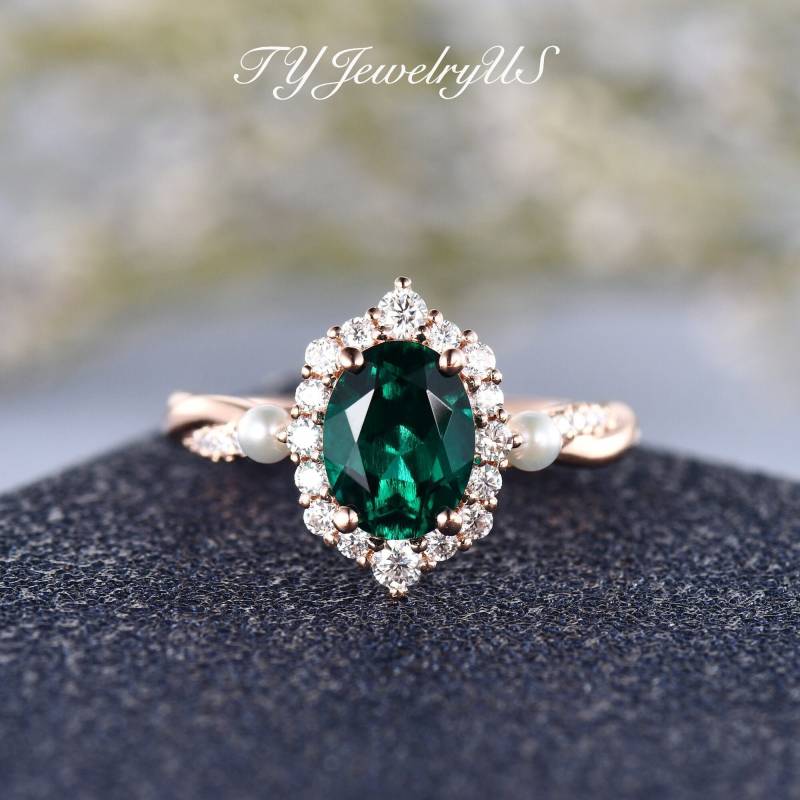 Labor-Smaragd-Verlobungsring, Roségold, Ovaler Smaragd-Ring, Cluster-Halo-Diamant-Ring, Akoya-Perle, Unendlichkeitsring, Geburtsstein Für Frauen von TYJewelryUS