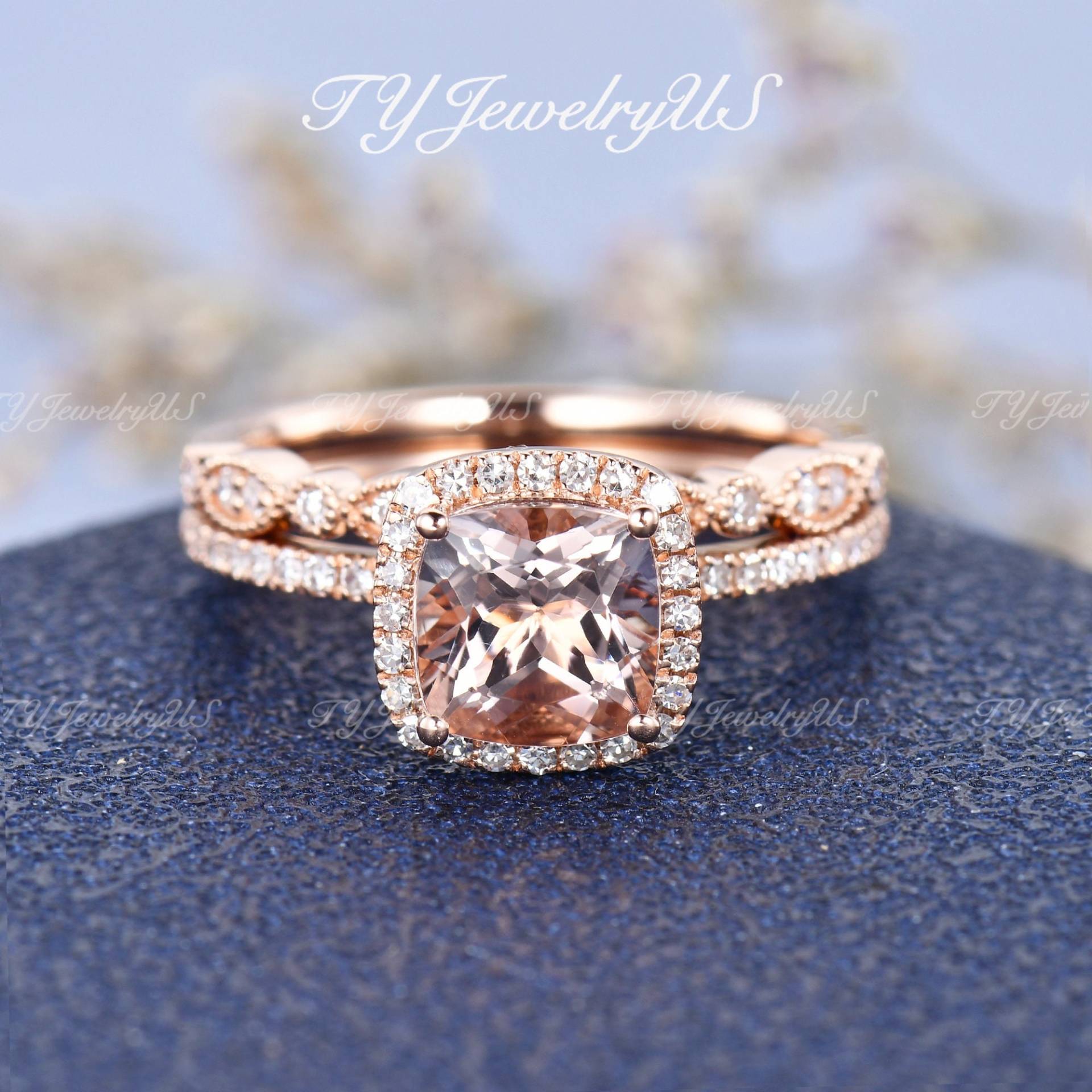 Morganit Verlobungsring Braut Set Art Deco Milgrain Halb Eternity Ring 2 Stück Rose Gold Kissenschliff Jahrestagsgeschenk Für Sie von TYJewelryUS