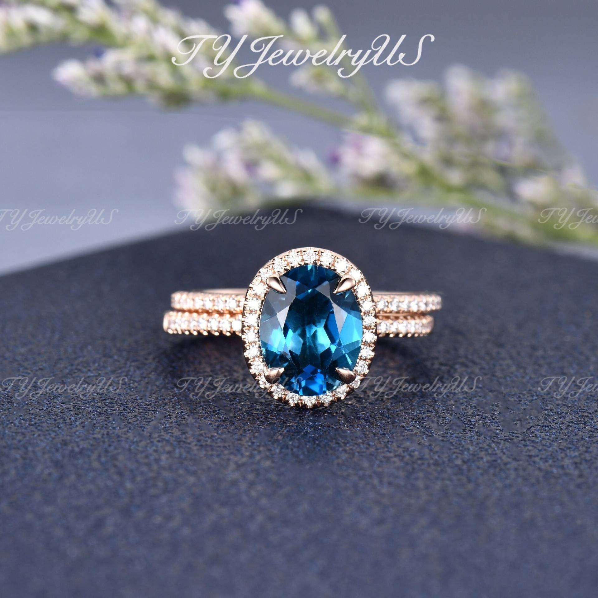 Natürliche London Blauer Topas Verlobungsring Rose Gold Diamant Ewigkeit Braut Set Art Deco Birthstone Ehering 2 Stück Passenden Cluster Ring von TYJewelryUS