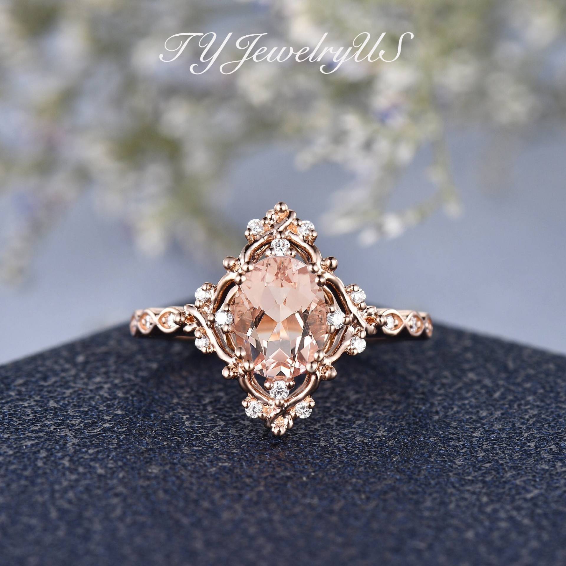 Natürliche Morganit Verlobungsring Florale Blume Ehering Rose Gold Art Deco Diamant Halo Brautring Frau Vine Cluster Ring Vintage von TYJewelryUS