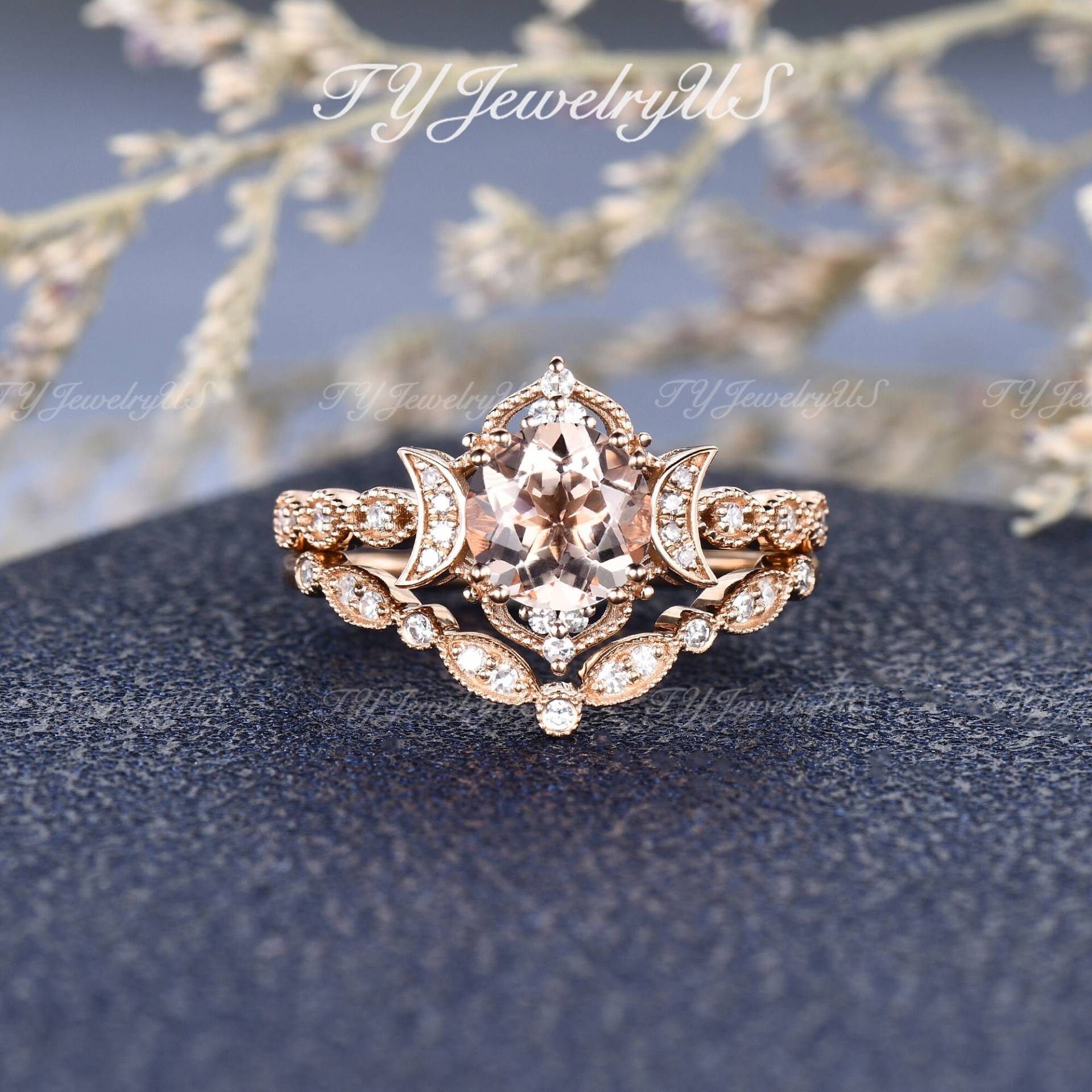 Natürliche Morganit Verlobungsring Set Antike Rose Gold Mond Rebe Braut Frau Art Deco Milgrain Diamant Hochzeit Ring Jahrestag Geschenk von TYJewelryUS