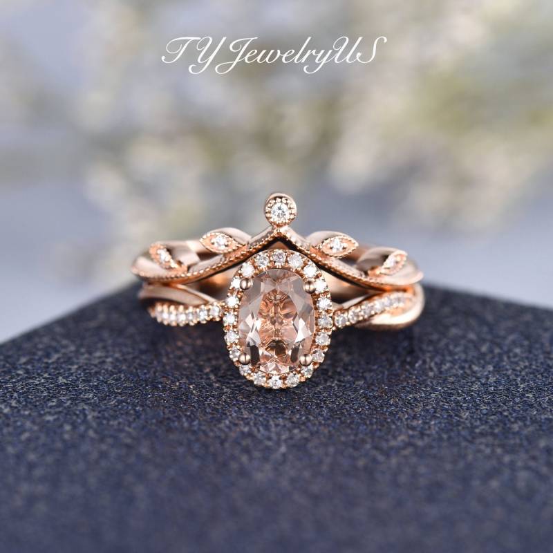 Natürliche Morganit Verlobungsring Set Rose Gold Diamant Halo Ring Frau Infinity Twist Halb Eternity Weinblatt Ehering Art Deco von TYJewelryUS