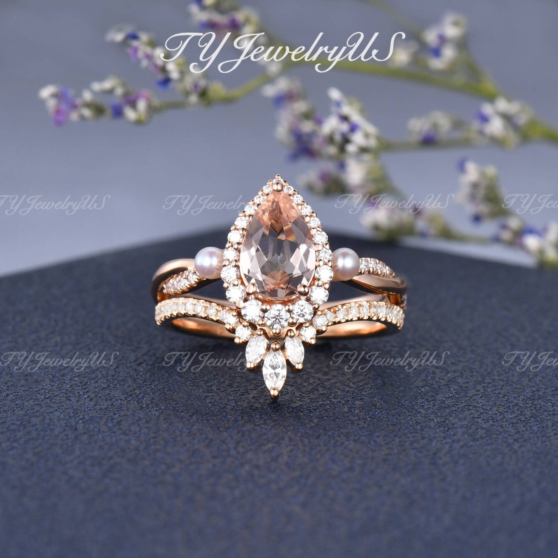 Natürliche Morganit Verlobungsring Set Rose Gold Halo Diamant Braut Für Frau Cluster Stapeln Antike Ring Perle Unendlichkeit Halbe Ewigkeit von TYJewelryUS