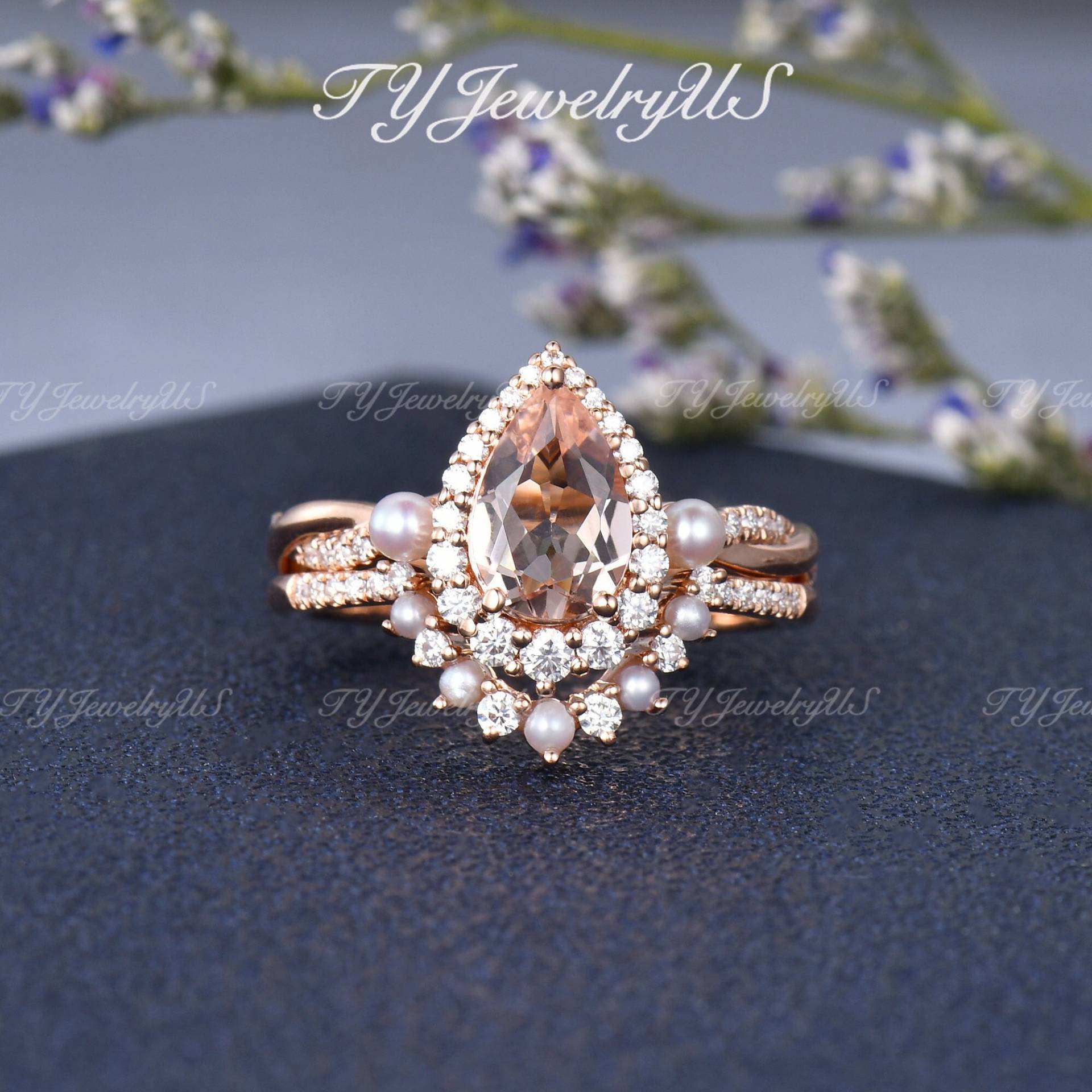 Natürliche Peachy Morganit Verlobungsring Set Träne Rose Gold Braut Für Frau Diamant Halo Ring Akoya Perle Cluster von TYJewelryUS