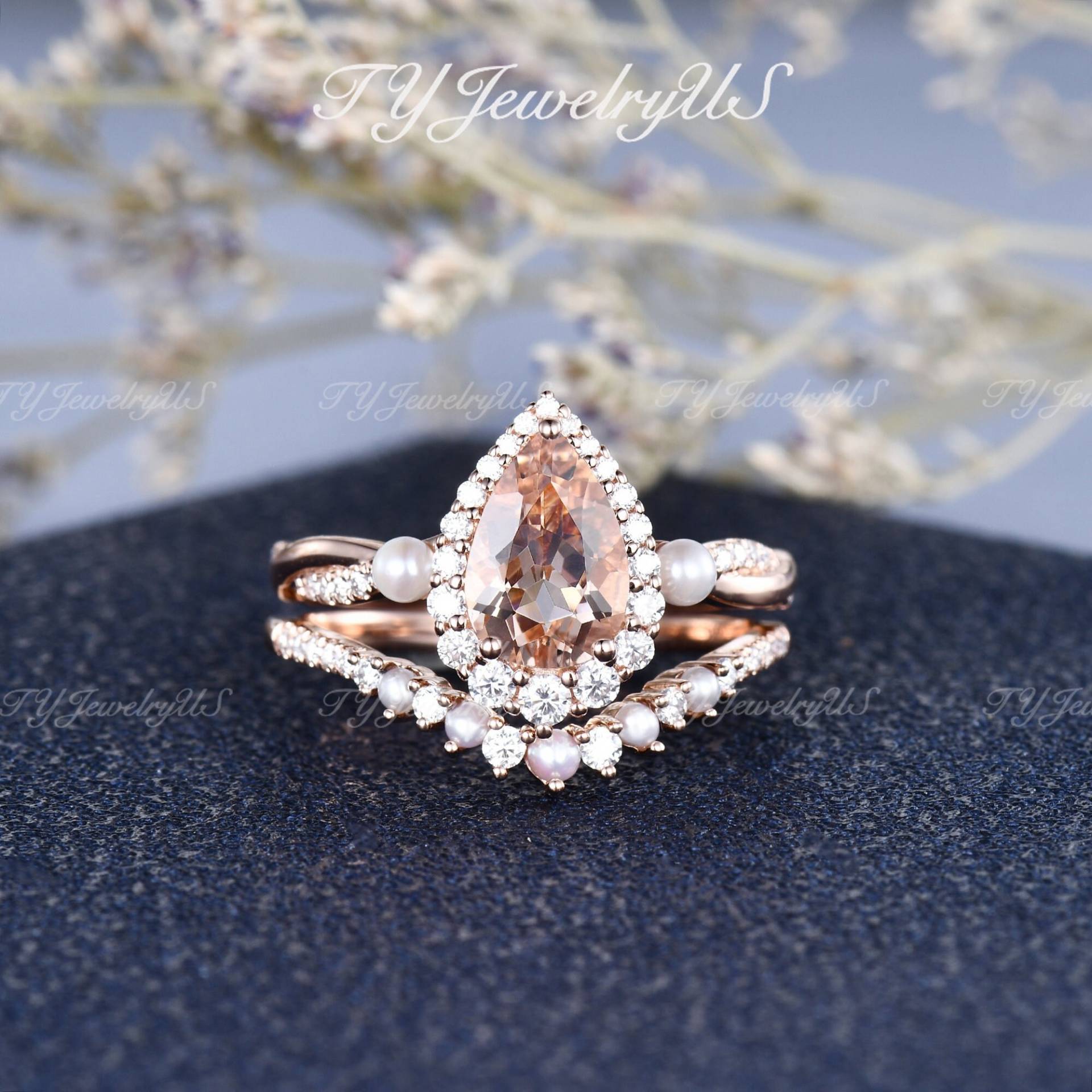 Natürliche Perle Morganit Verlobungsring Rose Gold Frau Birnenförmige Braut Set Halo Infinity Diamant Hochzeit Schmuck 2 Ring von TYJewelryUS