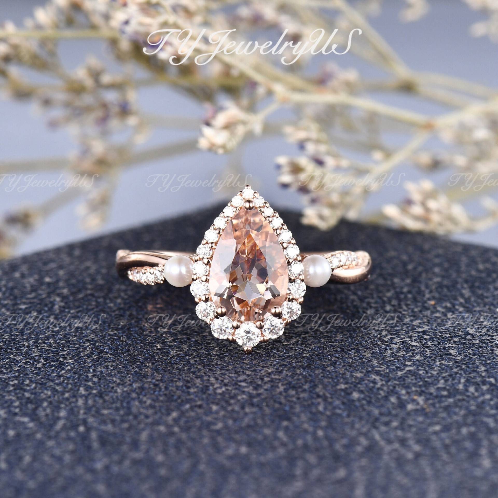 Natürliche Perle Morganit Verlobungsring Rose Gold Frau Birnenförmigen Pfirsich Ring Infinity Diamant Halo Ehering Halbe Ewigkeit von TYJewelryUS