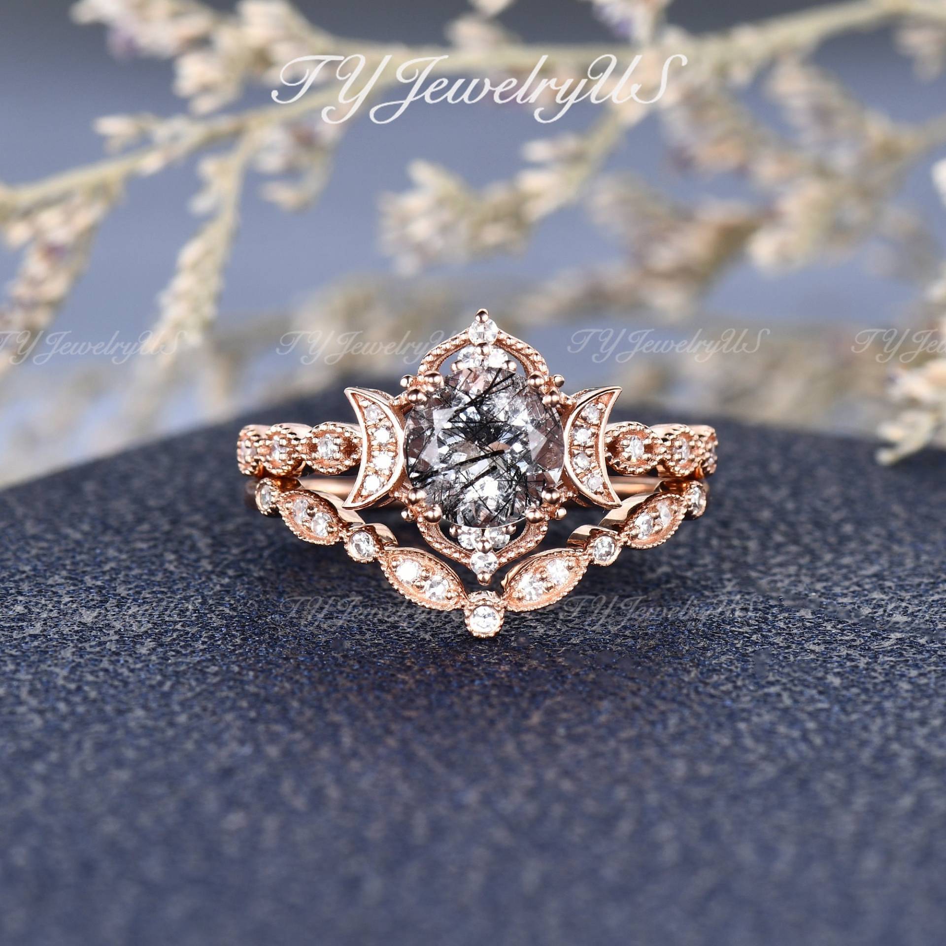 Natürliche Schwarze Quarz Verlobungsring Set Rose Gold Sailor Moon Braut Frau Srt Deco Milgrain Mond Stern Hochzeit Ring Cluster Quarzring von TYJewelryUS