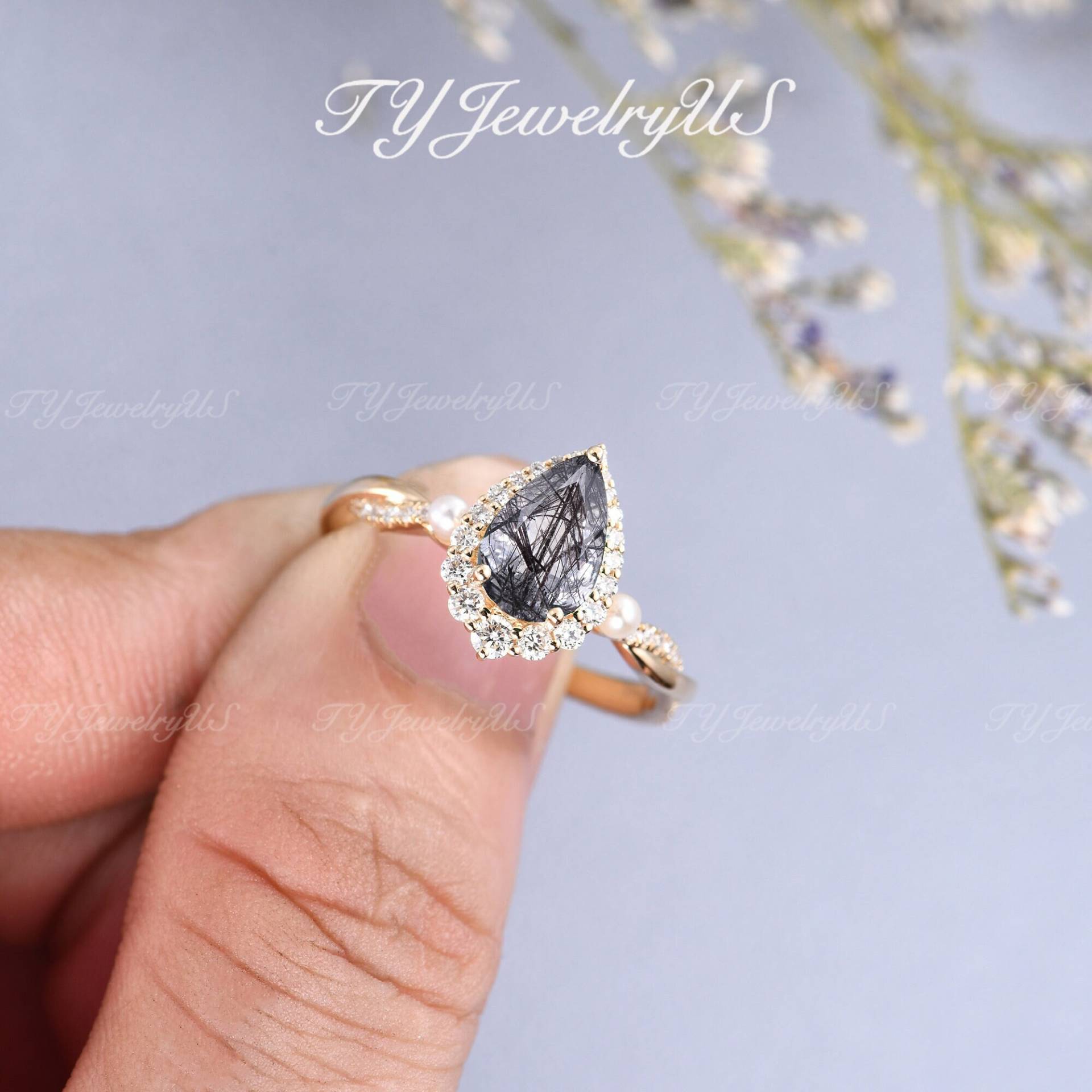 Natürliche Schwarze Rutilquarz Verlobungsring Rose Gold Birnenförmige Quarz Ring Antike Infinity Diamant Halo Jubiläumsgeschenk von TYJewelryUS