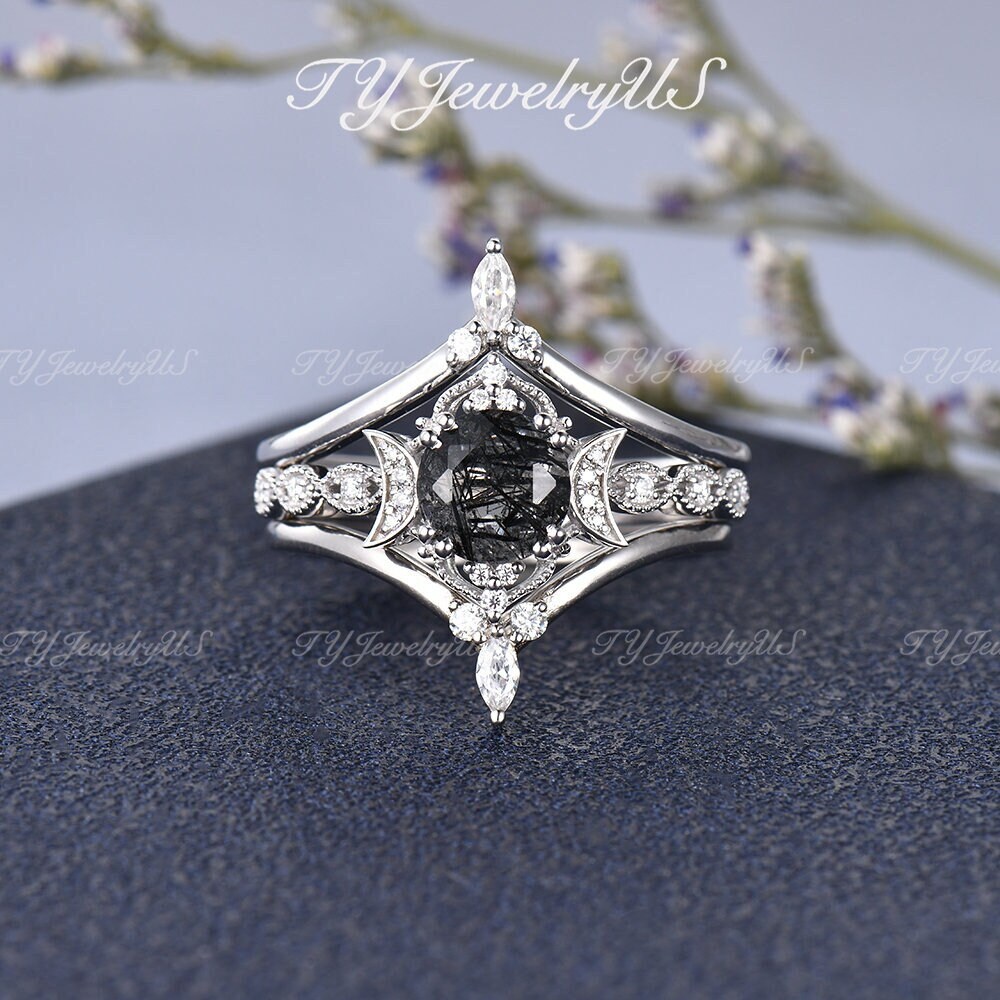 Natürliche Schwarze Rutilquarz Verlobungsring Set 3 Stück Weißgold Schwarz Kristall Antik Braut Vine Mond Cluster Stapelring Art Deco von TYJewelryUS