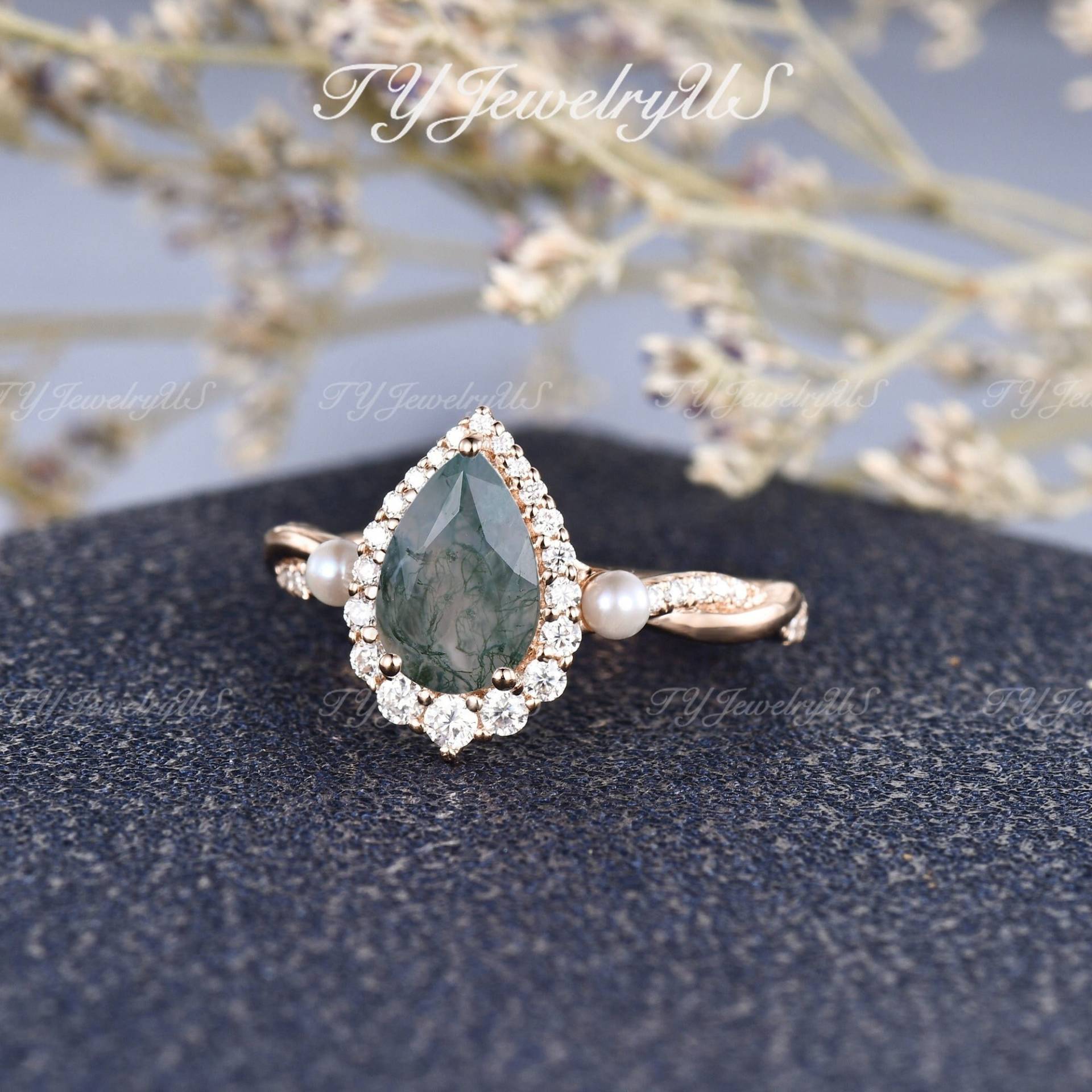 Natürlicher Moos Achat Verlobungsring Rose Gold Perle Infinity Ehering Diamant Halo Ring Frau Art Deco Birnenförmiger Brautring von TYJewelryUS