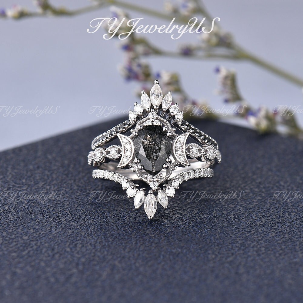 Natürlicher Schwarzer Rutilquarz Verlobungsring Set 3 Stück Birnenförmiger Kristall Braut Art Deco Tropfen Cluster Stapelring Frau von TYJewelryUS